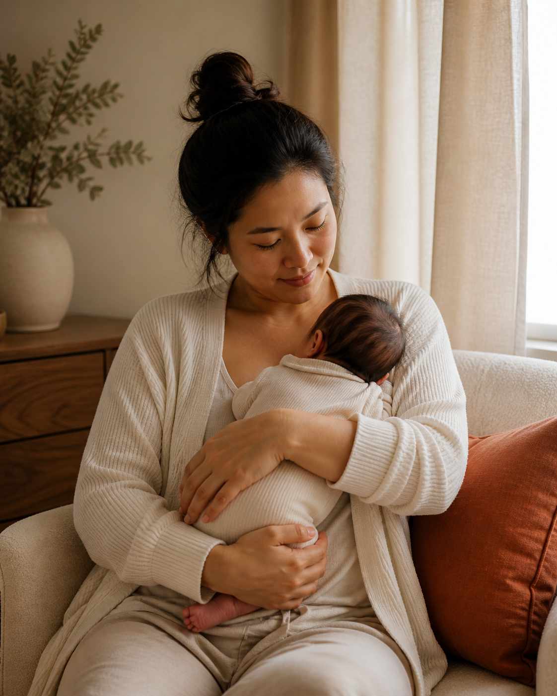Mother holding her newborn in calm natural light at Dr. Cindy Tu Chiropractic